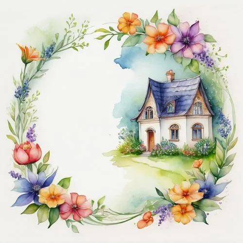 houses clipart,watercolor wreath,floral wreath,watercolor floral background,floral and bird frame,flower border frame,Illustration,Realistic Fantasy,Realistic Fantasy 15