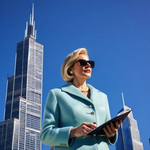 First Lady, elegant mature woman, 40s, refined features, short blonde hair, subtle makeup, pearl necklace, designer sunglasses, luxury coat, high heels, holding a guidebook, standing in front of a ico