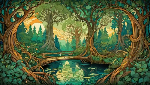 elven forest,enchanted forest,fairy forest,druid grove,forest background,fairytale forest,forest landscape,forest glade,the forests,swampy landscape,forest of dreams,the forest,riparian forest,green forest,forests,tree grove,forest path,forest tree,holy forest,cartoon forest,Illustration,Retro,Retro 13