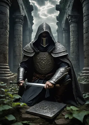 hooded man,archimandrite,doctor doom,templar,paladin,carpathian,emperor,crusader,the order of the fields,heroic fantasy,massively multiplayer online role-playing game,fantasy art,death god,fantasy picture,world digital painting,kneel,the ruler,lone warrior,cg artwork,hall of the fallen,Illustration,Abstract Fantasy,Abstract Fantasy 02