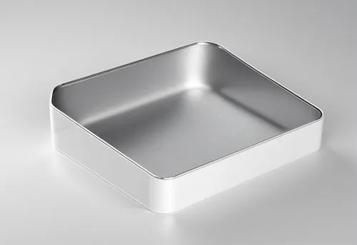 宠物喂食器，简约风格，科技感,a square silver metal box on a white surface,baking pan,aluminum,bakeware,aluminium,water trough,dishpan,Photography,General,Realistic