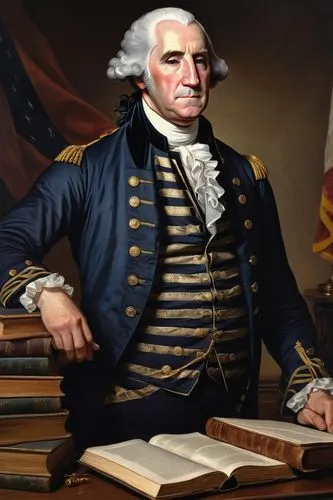 George Washington, 1st US President, mature man, powdered wig, white hair, blue eyes, gentle facial expression, dignified posture, classic three-piece suit, white shirt, black waistcoat, gold buttons,