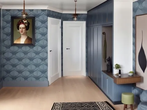 the hallway has a couch, wall hangings, and a painting,fromental,bromstad,decorator,decortication,modern decor,wallcoverings