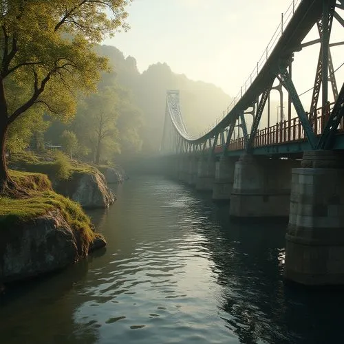 Elegant suspension bridge, arched steel beams, sturdy stone piers, rustic wooden railings, meandering riverbank, lush green vegetation, serene water reflections, misty morning atmosphere, warm golden 