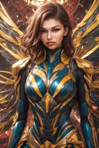 Hyper-realistic close-up of a model with avant-garde makeup, vibrant colors, and intricate designs.,a woman dressed in blue and gold is standing,zauriel,hawkgirl,archangel,superwasp,cyberangels,unipho