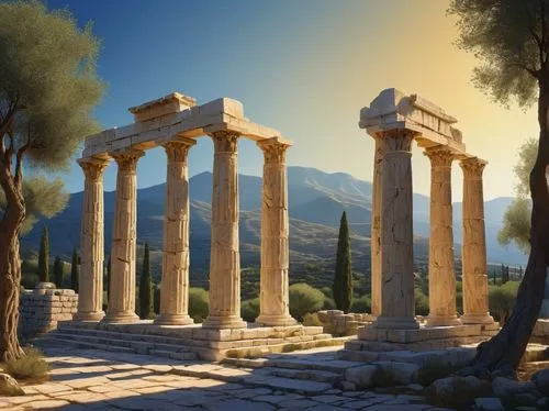 greek temple,laodicea,delphi,erechtheus,ephesus,temple of diana,roman temple,ancient olympia,doric columns,palmyra,roman columns,messene,hierapolis,temple of hercules,pergamum,tiryns,gennadius,nemea,metapontum,priene,Illustration,Realistic Fantasy,Realistic Fantasy 04