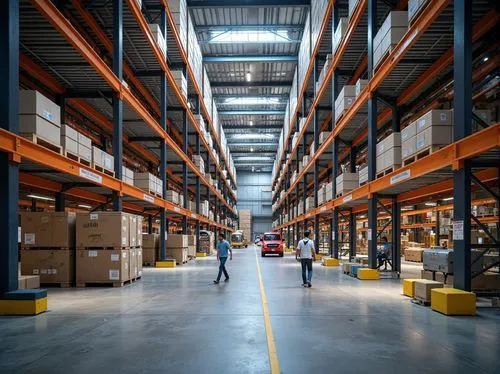 Modern distribution center, high-ceiling warehouse, efficient shelving systems, automated storage retrieval, conveyor belt networks, loading dock areas, industrial lighting, polished concrete floors, 