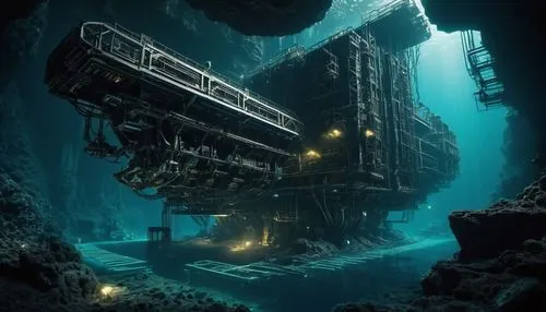 An underwater mining facility, located under the ocean in a vast underwater gorge, extracting a rare mineral and transport it to the surface,sunken church,deep sea,deep sea diving,sunken ship,the bott