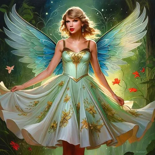 Taylor Swift a fairy,a beautiful angel with wings is standing in the woods,fairy queen,swiftlet,faerie,fairy,tinkerbell,little girl fairy,Conceptual Art,Fantasy,Fantasy 15