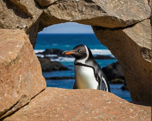 A penguin stares between two rocks,rockhopper penguin,magellanic penguin,african penguin,humboldt penguin,chinstrap penguin,gentoo penguin,penguin chick,dwarf penguin,rock penguin,snares penguin,afric