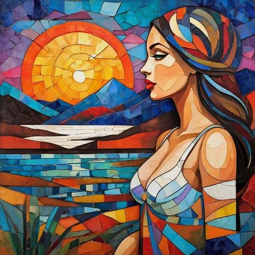 mousseau,girl on the river,boho art,glass painting,bohemian art,boho art style,Art,Artistic Painting,Artistic Painting 45