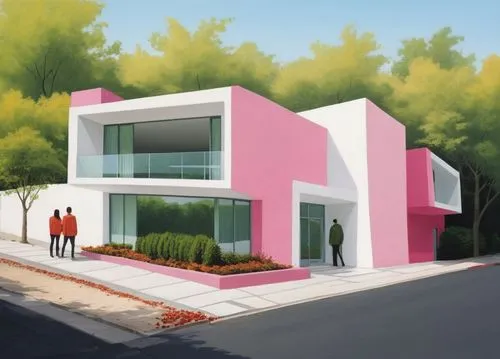 DISEÑO EXTERIOR DE UNA CASA ESTILO MINIMALISTA UBICADA EN UNA ESQUINA, USANDO EL COLOR ROSA MEXICANO COMO COLOR DE CONTRASTE CON LOS MUROS BLANCOS, UBICADA EN UN FRACCIONAMIENTO RESIDENCIAL, CALLES DE