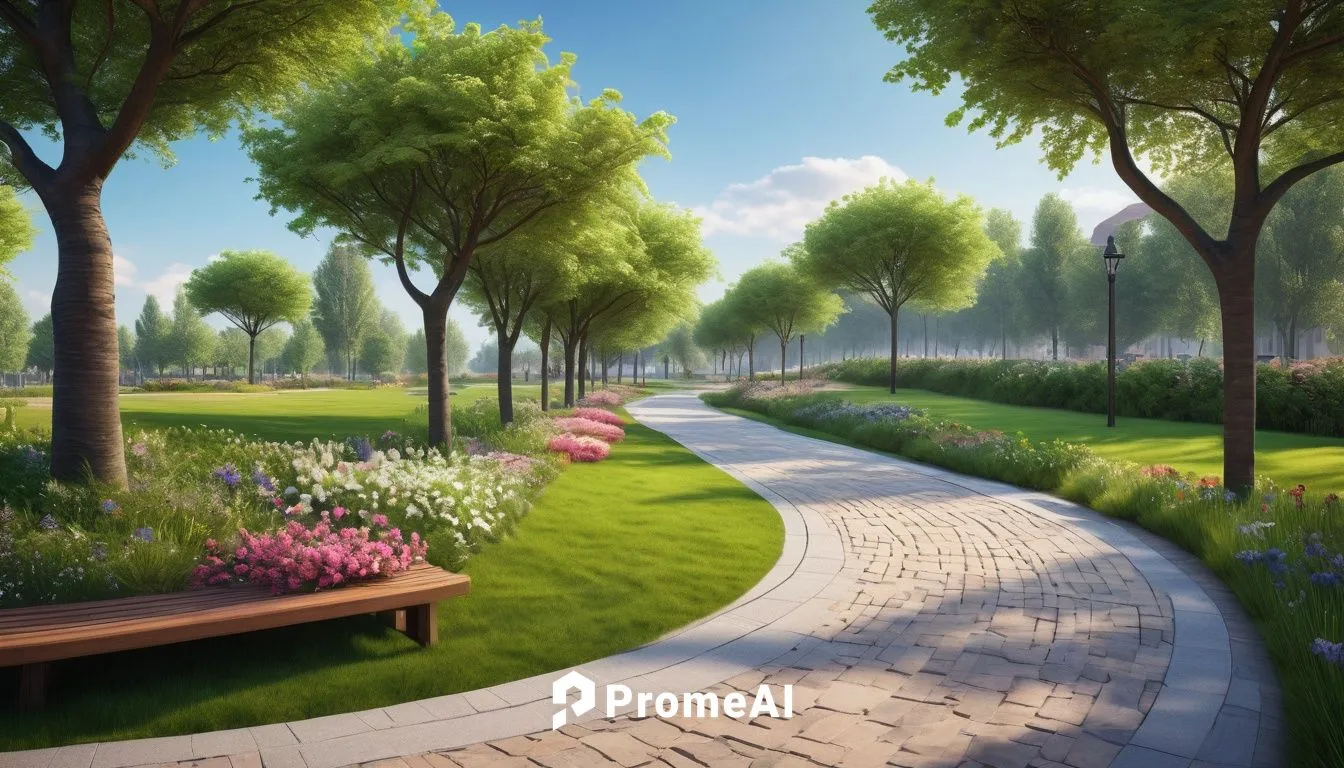 Serene modern landscape architecture, near residential area, sunny afternoon, gentle breeze, vibrant green grass, various colorful blooming flowers, curved walkway, wooden benches, elegant street lamp