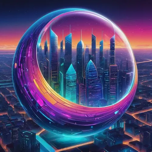 prism ball,glass sphere,torus,colorful spiral,futuristic landscape,fantasy city,glass ball,orb,quarantine bubble,colorful city,crystal ball,futuristic,color circle,soap bubble,baku eye,giant soap bubble,cyberspace,bubble,circular,lensball,Illustration,Realistic Fantasy,Realistic Fantasy 39