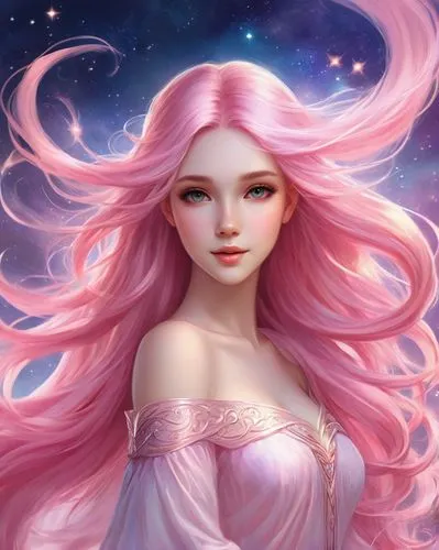 rose quartz,rosa 'the fairy,fantasy portrait,sky rose,pink beauty,rosa ' the fairy,zodiac sign libra,horoscope libra,eglantine,fairy galaxy,faery,fairy queen,fantasy art,virgo,pink diamond,fae,rapunzel,fairy tale character,faerie,mermaid background,Illustration,Realistic Fantasy,Realistic Fantasy 01