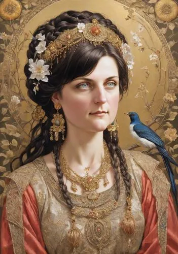 A fascinating medieval painting in the style of Jim Fitzpatrick, depicting a noble girl priestess of the eastern (Persian) type with a hairstyle in the form of a large horizontal bird's nest in the sh