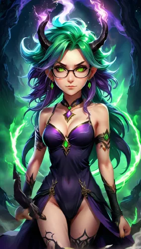 Draw in anime-style: A nerdy, glasses-wearing, horned, glowing purple eyes, green-haired, petite, barefoot, evil druid girl, wearing nothing but Gothic jewelry, angry, yelling, casting a rune-shaped c