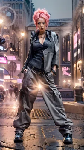 cyberpunk,digital compositing,cosplay image,punk,hip rose,photoshop manipulation,pink hair,x-men,punk design,pink lady,pink dawn,pink double,fighting stance,pink vector,streampunk,3d figure,cg artwork,world digital painting,nora,pink quill