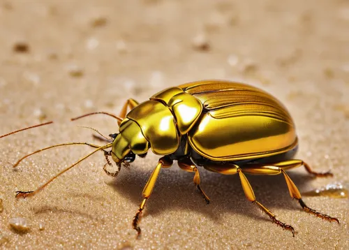 Illustrate a majestic golden beetle on a tropical sandy beach.,leaf beetle,forest beetle,brush beetle,rose beetle,garden leaf beetle,scarab,tiger beetle,ground beetle,coleoptera,elephant beetle,hymeno