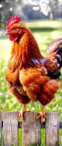 farm chicken, adult hen, fluffy feathers, golden brown plumage, small beak, bright curious eyes, perched on wooden fence, standing on green grass, soft sunlight, warm atmosphere, shallow depth of fiel