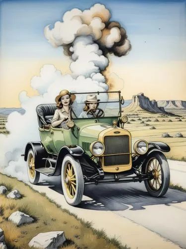 Comic drawing in the style of Roy Lichtenstein: Mrs. Clara Jane Ford is at the center of the action. She is driving a Ford (Model T) through a Texan landscape, its dark green paint reflecting the brig