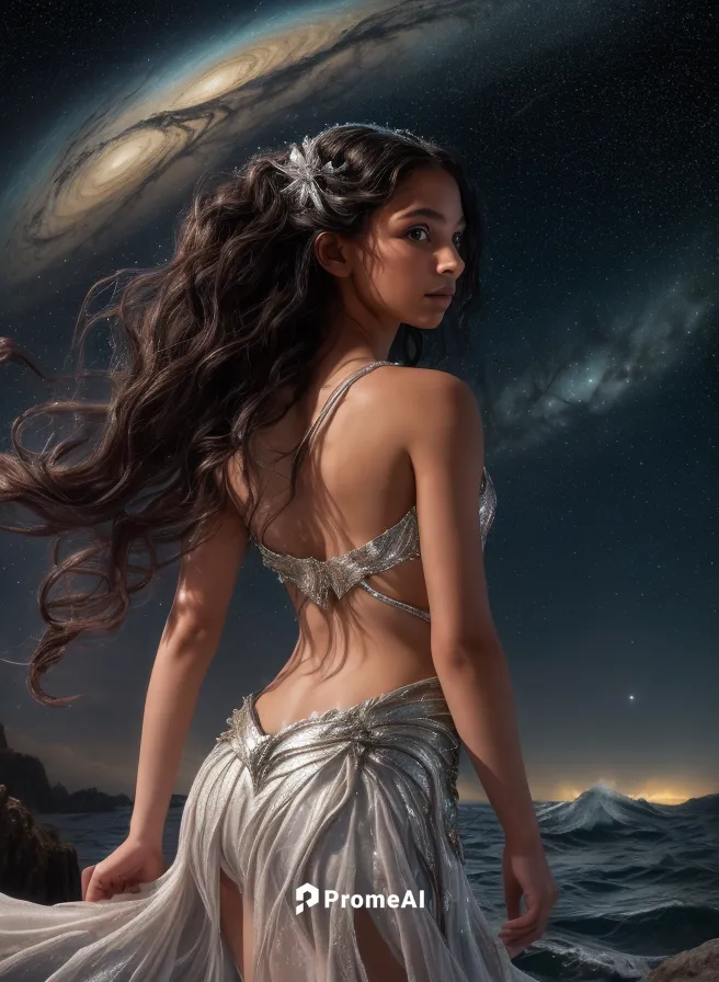 From behind a swirling mass of stars, a young girl dressed in the ancient Greek god of the sea is rendered in dramatic detail. Her long, slender tail twitches as she gazes intently at the night sky be