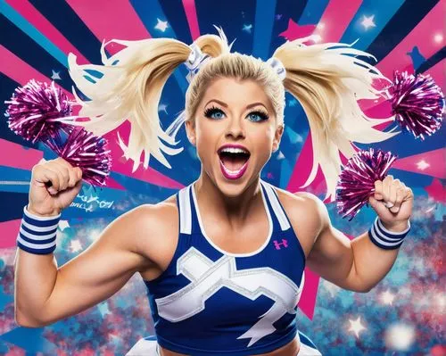 Alexa Bliss, cheerleader, blonde hair, ponytail, bright blue eyes, heavy makeup, pink lip gloss, sparkling teeth, athletic build, toned legs, white and navy blue cheerleading uniform, pom-poms, sneake