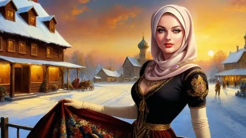 Romantic masterpiece oil painting, beautiful curvy woman portrait, tight sarafan dress, nostalgic 1950's style kitsch, breathtaking beautiful epic vast landscape, Russian winter majestic scenery, Russ