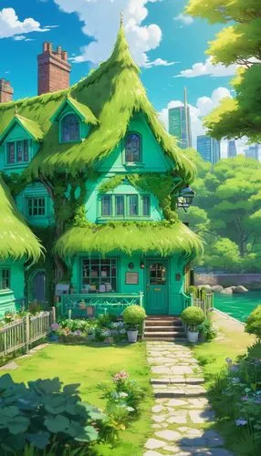 studio ghibli,little house,dreamhouse,ghibli,house in the forest,greenhut,Illustration,Japanese style,Japanese Style 03