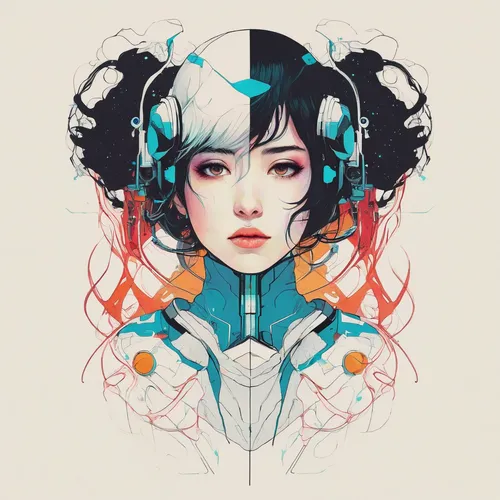 transistor,geisha,gemini,geisha girl,meridians,echo,duality,bjork,adobe illustrator,cybernetics,double exposure,augmented,anaglyph,symmetric,metamorphosis,cyborg,vector girl,mirror image,parallel worlds,symmetry,Illustration,Paper based,Paper Based 19