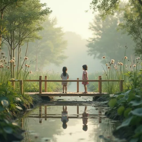 girl and boy outdoor,innisfree,extant,weiping,lily pond,hyang garden,ponds,lilly pond,changi,happy children playing in the forest,japan garden,apichatpong,mirror in the meadow,idyllic,nature garden,pond,ecopark,greenforest,lotus pond,crewdson,Photography,General,Realistic