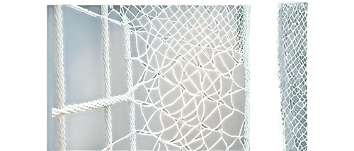 Soccer goal net, white mesh, intricate knots, vertical ropes, horizontal ropes, metal poles, three-quarter view, dramatic lighting, shallow depth of field, high contrast, vibrant colors, realistic tex