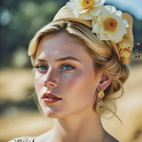 Close-up portrait of a young woman with striking features, displaying a thoughtful or introspective expression. Her face is highlighted by bright blue eyes, red lipstick, and delicate freckles dusting