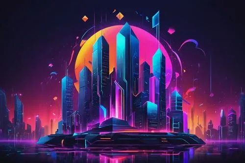 futuristic landscape,fantasy city,colorful city,metropolis,80's design,abstract design,art deco background,colorful foil background,cityscape,3d fantasy,diamond lagoon,neon ghosts,scifi,gradient effect,fantasia,fantasy world,cube background,alien world,abstract retro,futuristic,Unique,Design,Logo Design