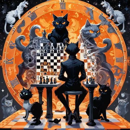 As the night sky grows longer, a mystical chess room is occupied by a single figure, each with his own unique expression. The table is adorned with intricate clocks, each one shining brightly against 