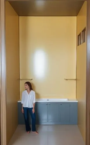 a nice bathroom, with a beautiful lady , bright morning light,a woman standing in a hallway between two open walls,banyo,rest room,disabled toilet,washroom,treatment room,puertas,Photography,General,R