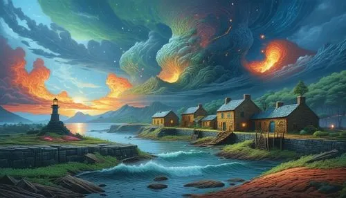 real landscap in time,this painting has a sky scene with a lighthouse in the middle,fantasy picture,fantasy landscape,fantasy art,fantasy world,3d fantasy,northen lights,Illustration,Realistic Fantasy