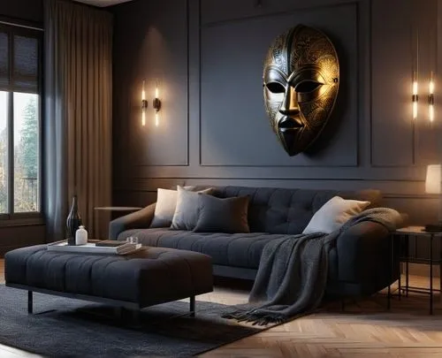 ADD BLACK AFRICAN MASK ATTACHED TO THE WALL,modern decor,great room,modern room,contemporary decor,apartment lounge,interior design,interior decoration,interior decor,3d rendering,luxury home interior