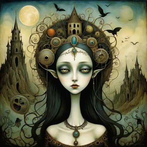 priestess,the enchantress,gothic portrait,gothic woman,fantasy art,zodiac sign libra,sorceress,mystical portrait of a girl,queen of the night,voodoo woman,fantasy portrait,divination,horn of amaltheia,the zodiac sign pisces,gothic style,zodiac sign gemini,faerie,cybele,celebration of witches,dark art,Illustration,Abstract Fantasy,Abstract Fantasy 09