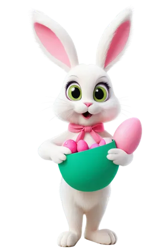 Easter bunny, cute, cartoon style, white and pink fur, big round eyes, pink nose, holding Easter egg, colorful eggs, basket, spring flowers, green grass, sunny day, soft focus, warm color tone, 3/4 co