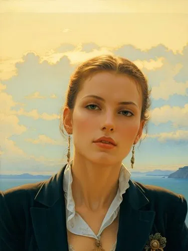 A perfect woman.,a painting of a woman wearing a jacket,eretria,beren,sarikaya,hatun,derya,ceylan,Illustration,Retro,Retro 01