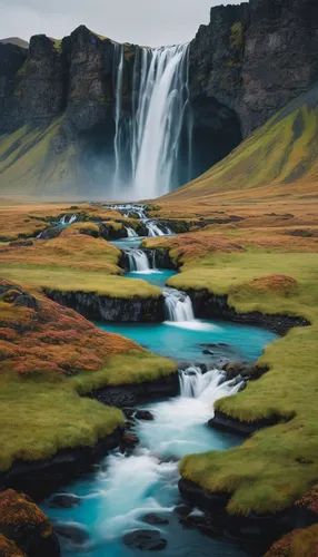 eastern iceland,iceland,kirkjufell river,skogafoss,seljalandsfoss,haifoss,kirkjufell,flowing water,waterfalls,green waterfall,brown waterfall,gufufoss,faroe islands,water falls,a small waterfall,water flow,waterfall,water fall,beautiful landscape,godafoss,Illustration,Realistic Fantasy,Realistic Fantasy 24