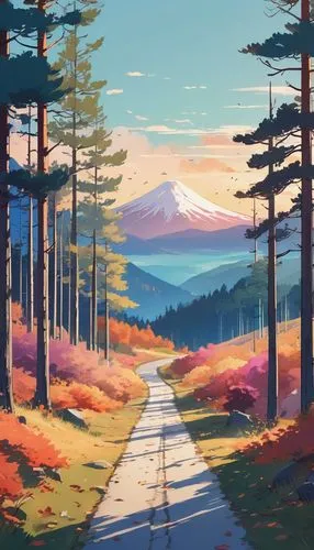 Illustration of a beautiful forest road in autumn, with colorful trees and mountains in the background, in the sunset light, with warm colors, soft brush strokes, in a flat design style.,an image of a