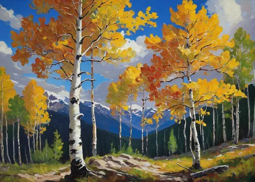 aspen,fall landscape,american aspen,colorado,vail,autumn landscape,trees in the fall,painted tree,autumn mountains,autumn trees,fall foliage,the trees in the fall,painting technique,birch forest,oil painting,fall colors,golden trumpet trees,telluride,larch trees,birch trees,Art,Classical Oil Painting,Classical Oil Painting 08