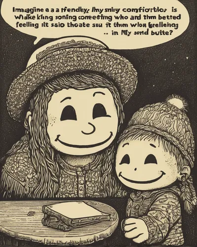 Imagine a friendly smiley comforting someone who is feeling sad. How does it make them feel better?,permaculture,vintage children,ventriloquist,comic halftone,arrowroot family,hemp family,consumerism,