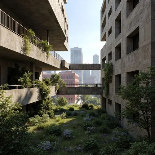 Rugged brutalist buildings, raw concrete textures, fortress-like structures, overgrown vegetation, wildflowers, moss-covered walls, weathered steel beams, industrial materials, urban landscape integra