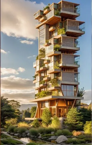 a large tall tower that has balconies on it,residential tower,the energy tower,treehouses,kimmelman,ecoterra,stilt house,Photography,General,Realistic