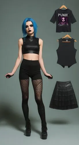 Paper doll 2d cartoon punk blue haired girl in black sleeveless shirt , black spandex shorts, complete full length fishnet and black punk knee Boots, standing surrounded by with a set of punk fashion 