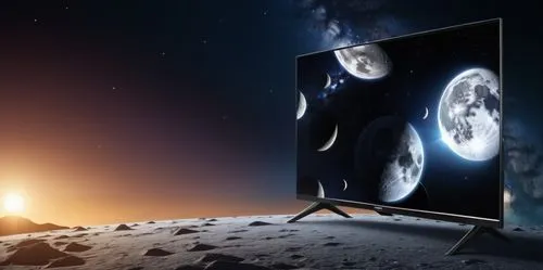 a philips tv standing dark glass.   with background of fully HD universe with stars and moon  ,the new panasonic tv, on the surface of an icy space scene,plasma tv,hdtv,smart tv,televisions,television