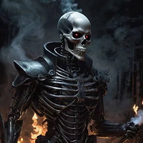 Терминатор против Бендера из футурамы,a skeleton standing in front of fire,endoskeleton,skelly,obertan,vintage skeleton,skelton,scull,Conceptual Art,Fantasy,Fantasy 34